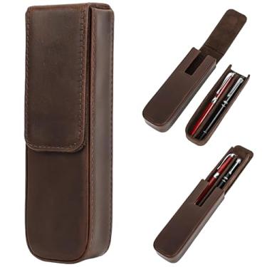 Imagem de Homaisson Estojo de couro genuíno para 2 canetas, suporte para canetas-tinteiro com 2 compartimentos, caixa de armazenamento de lápis com bandeja removível, organizador de canetas estilo gaveta