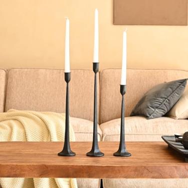Imagem de Conjunto de 3 castiçais, castiçais pretos de ferro, serve para velas de 0,9 cm de espessura, castiçais afunilados para mesa de jantar, casamento, decoração de casa