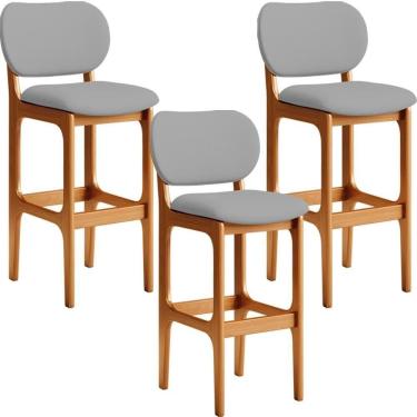 Imagem de Kit 03 Banquetas Alta Para Cozinha Madeira Fixa Betta L02 Imbuia Corano Cinza - Lyam Decor