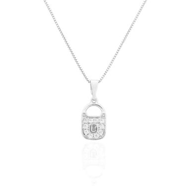 Imagem de Colar Cadeado Cravejado Cristal Banhado a Prata