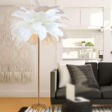 Imagem de Lâmpada de LED moderna, luminária de chão de penas de avestruz com interruptor de pé, corpo de lâmpada dourada, lâmpada de penas de cabeceira para escritório, sala de estar, quarto