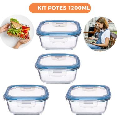 Imagem de Kit 4 Pote de Vidro Hermético Quadrado 1200ml