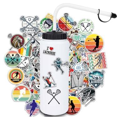 Imagem de RhythmFit Presentes de lacrosse, 1 pacote de garrafa de água de lacrosse com canudo longo e 100 peças de adesivos de lacrosse acessórios para meninos e homens amantes de jogadores (1L, BPA, Squeeze)