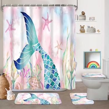 Imagem de KINUUIS Conjunto De Banheiro Sereia Com 4 Peças, Cortina Chuveiro Rosa Tapetes Antiderrapantes, Tampa Vaso Sanitário E Tapete Banho, Decoração Infantil Para Meninas 12 Ganchos