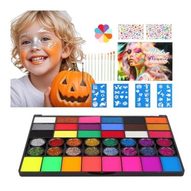 Imagem de CREECHWA Kit De Pintura Facial Infantil - 42 Cores Vibrantes, 200 Pedras Brilhantes E 40 Estênceis, Pincéis Esponjas, Conjunto Maquiagem Com Tinta Suave Ativada Por Água Para Halloween, Aniversários
