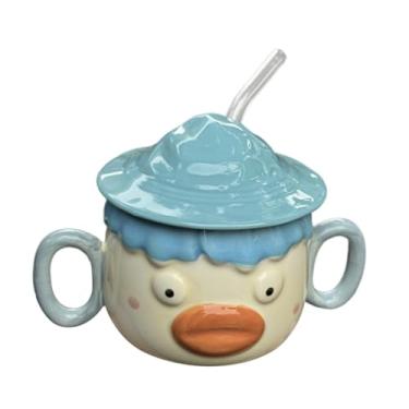 Imagem de Fenteer Caneca de café de cerâmica fofa com desenho animado, xícara de café, xícara de chá criativa, caneca, copo para bebida, cappuccino, leite, Azul