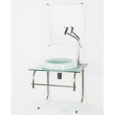 Imagem de Gabinete de vidro 40cm inox marmore branco com torneira metal cromada 