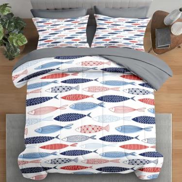 Imagem de Pamnest Jogo de cama solteiro, 5 peças, azul peixe, verão, para crianças e adultos, lençol com elástico, fronha e fronha para decoração de quarto