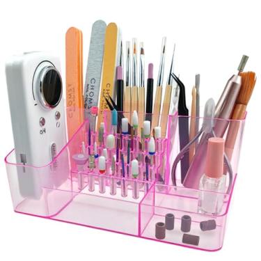 Imagem de Caixa organizadora de unhas, organizador de unhas profissional, estojo de armazenamento de arte de unhas com capacidade para 28 com compartimentos fixos, rosa