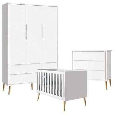 Imagem de Quarto De Bebê Theo 3 Portas Com Cômoda Gaveteiro Branco Acetinado Pés Madeira Natural - Reller