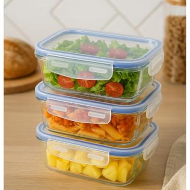 Imagem de KIT 3 Potes Vidros Retangulares Herméticos Marmitas Mantimentos 4 Travas 1040 ML