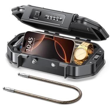 Imagem de Vewaci Cofre de segurança portátil para viagem, impermeável e durável, combinação de 4 dígitos, cofre de praia pessoal anti-roubo com cabo de aço removível, caixa de segurança pequena para praia