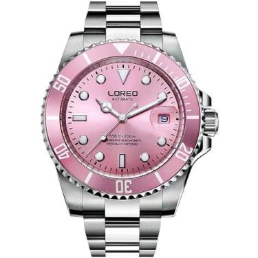 Imagem de LOREO Relógio masculino automático de aço inoxidável prateado com vidro de safira preto com bisel giratório, rosa, Relógio de mergulho