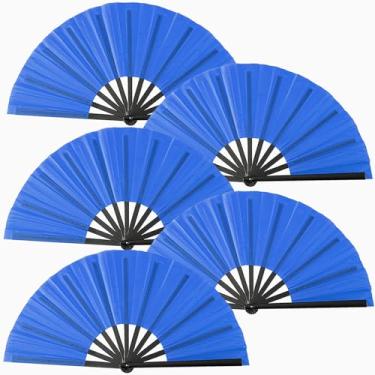 Imagem de Oncpcare 5 peças grande ventilador de mão em massa, chinês japonês Kung Fu Tai Chi Popping Clack Rave leques dobráveis portáteis para dança em linha (azul)