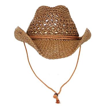 Imagem de Chapéu De Cowboy De Palha Homens Mulheres Chapéu De Sol Boné De Praia Western Outback Cowgirl Chapéu Aba Larga Com Alça De Queixo Proteção Solar De Viagem Ao Ar Livre