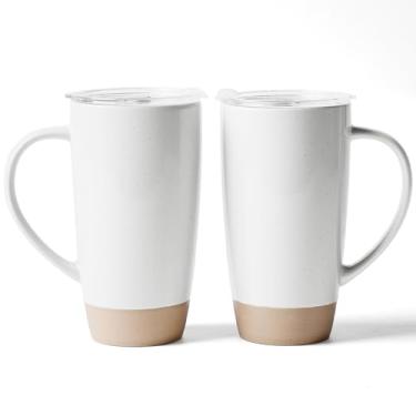 Imagem de famiware Canecas de café Milkyway, caneca de café grande de 590 ml, conjunto de 2 canecas de cerâmica com tampa, conjunto de copos com alça para latte, chá, cacau, leite, casa e escritório, branco