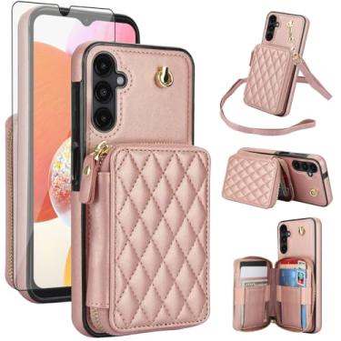 Imagem de Capa de celular para Samsung Galaxy A14/M14 5G carteira de celular com protetor de tela de vidro temperado, alça transversal para pulso, suporte para cartão de crédito com bloqueio RFID A 14 4G 14 A