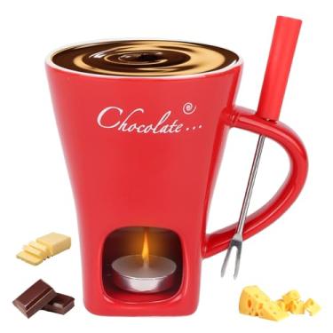 Imagem de Conjunto Chávenas Fondue Chocolate, Cerâmica Caneca para Derreter Chocolate com Garfo e Aquecedor de Velas para Sobremesas Doces Perfeito Encontros Românticos Aniversário e Casamento(Vermelho)