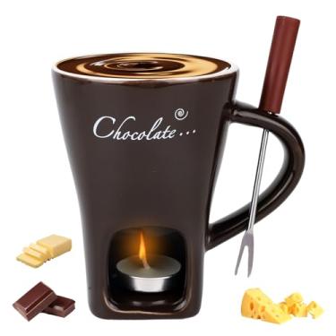 Imagem de Caneca Fondue Chocolate com Garfo e Velas, Copo Doce Derreter Chocolate Conjunto Panela Fondue Cerâmica Queijo Caramelo Doces Presente Ideal Encontro Aniversário Casamento ((Marrom Escuro)