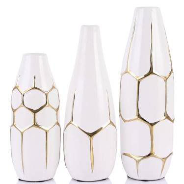Imagem de Conjunto de 3 vasos xadrez de cerâmica - vasos brancos e dourados, vasos decorativos listrados brancos modernos para decoração de casa, quarto, escritório, sala de estar, banheiro, cornija, decoração