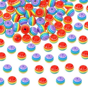 Imagem de Tupalizy Contas de arco-íris de 8 mm pequenas contas de orgulho de plástico pequenas espaçadores listrados coloridos para pulseiras, fabricação de joias, chaveiro, colar, brinco, faça você mesmo