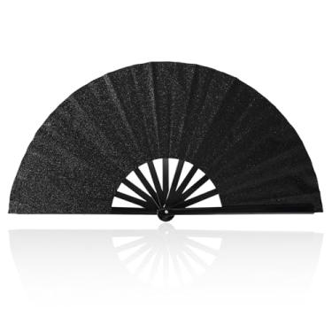 Imagem de Grande ventilador de mão dobrável dobrável, ventilador de dança manual de rave para festa de dança em linha ao ar livre e decoração (glitter preto)