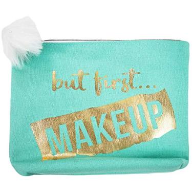 Imagem de Stephanie Imports Bolsa de maquiagem de lona de algodão com zíper (15 x 21 cm), Mas primeiro... Maquiagem