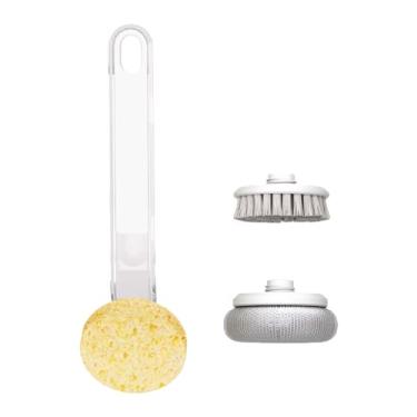Imagem de Kitchen Dish Brushes Long Handle Sponge Scrubber Brush 3 em 1 Multi Funcional Cleaning Tool Set para Pots Panelas Pratos Aço inoxidável Wire Cers Esponja Madeira Polpa Algodão (Branco transparente)
