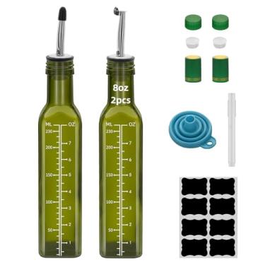 Imagem de 4 frascos dispensadores de azeite de oliva verde com escala de 236 ml, conjunto de dispensador de óleo de vidro e vinagre de 250 ml com despejadores e funil, garrafas de óleo para cozinha garrafas de