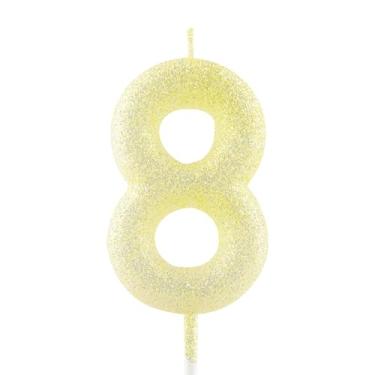 Imagem de Vela de aniversário de 8 anos com glitter amarelo dourado número 8 velas luminosas para decoração de bolo para meninas, meninos, mulheres, comemorações, artigos de festa