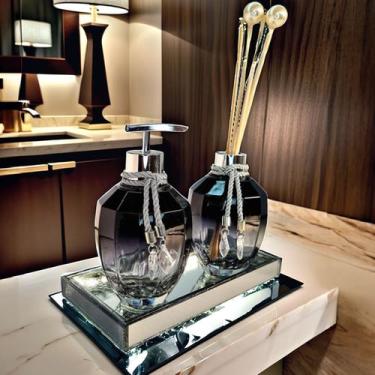 Imagem de Kit Lavabo Banheiro Completo Preto com Bandeja Luxo Decoração Prata - 