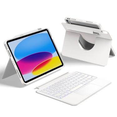 Imagem de HOU Capa com teclado removível e giratória de 360° para iPad A16 11/10-155°, compartimento para Apple Pencil/Stylus, trackpad multitoque, retroiluminação de 7 cores, capa de proteção total, layout em