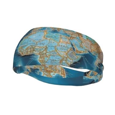 Imagem de Bandanas de corrida para homens e mulheres, mapa-múndi faixas de suor esportivas com absorção de umidade, lenço de cabeça atlético, faixa de cabelo elástica para tênis, basquete, corrida