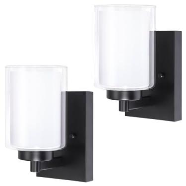 Imagem de Pia Ricco Conjunto de dois arandelas de parede, arandela de parede de banheiro com fio com sombra de vidro duplo, lâmpadas de parede de cabeceira modernas, luz de banheiro de fazenda, luzes de parede