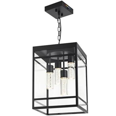 Imagem de QueeuQ Luminárias pendentes de LED para área externa para varanda, 4 luzes 5CCT para ambientes externos, lâmpadas integradas de LED preto, lanterna de teto externa de fazenda para pátio, hall de