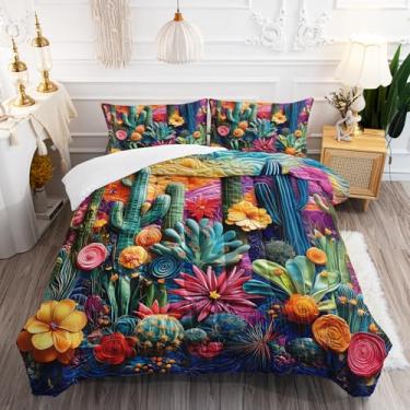 Imagem de AILONEN Jogo de cama casal, cacto ocidental, montanhas coloridas, cacto, floresta, edredom retrô com plantas suculentas, 2 fronhas, 3 peças