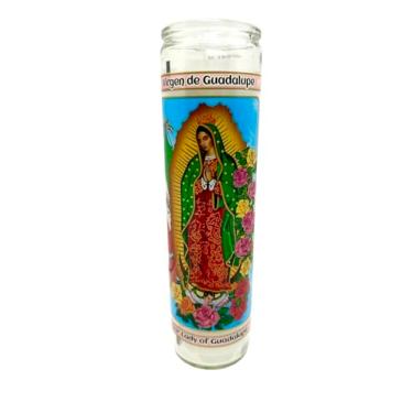 Imagem de Vela de oração de vidro Virgen de Guadalupe, vela devocional religiosa de 20 cm de altura com design floral