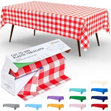 Imagem de Smiry Rolo de mesa descartável de 137 cm x 300 metros, toalha de mesa de plástico vermelho e branco em caixa cortada no tamanho com cortador deslizante, toalhas de mesa retangulares impermeáveis para