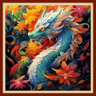 Imagem de DMCVIVR Kits de ponto cruz estampado para iniciantes e adultos, kits de bordado para iniciantes, kit cruzado para iniciantes, 11 quilate - dragão de flores coloridas 45,7 x 45,7 cm