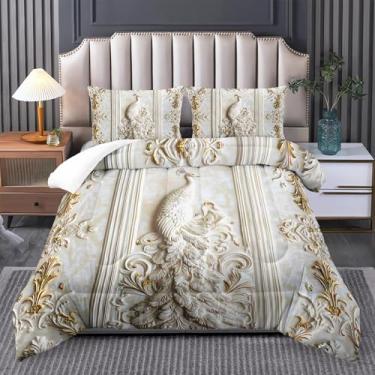 Imagem de Tuzaovy Jogo de cama solteiro elegante, pavão branco, estampa de penas de pavão macio, para decoração de quarto de adolescente, animal fofo, estampa floral, conjunto de cama para adultos