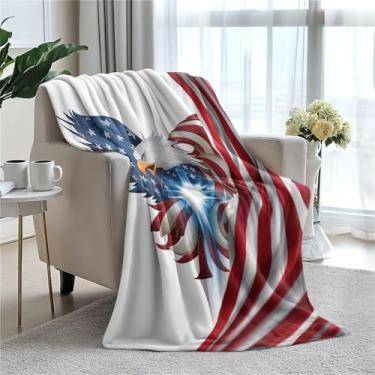 Imagem de Cobertor de lã de águia com bandeira americana branca 101,6 x 127 cm para sofá cama, cobertor de flanela de microfibra super macio e aconchegante leve para mulheres, homens e crianças