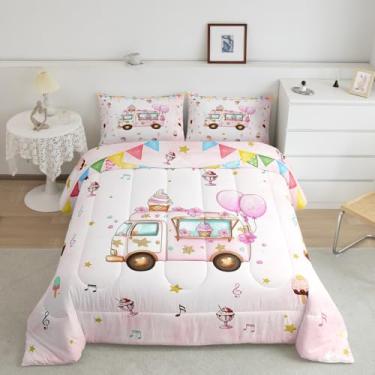 Imagem de Jogo de cama de casal com estampa de caminhão de sorvete, fofo, rosa, para decoração de quarto de adolescentes e jovens, conjunto de edredom reversível com cone de sorvete de verão, flores sonhadoras