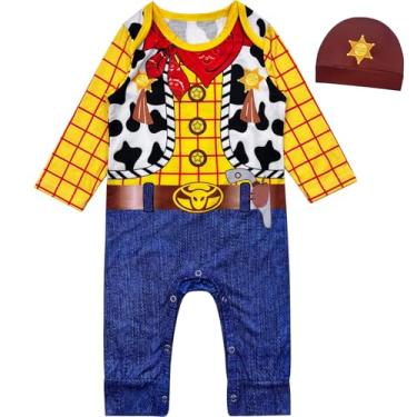 Imagem de Xuomuen Macacão de fantasia de cowboy com chapéu de xerife marrom, roupa de bebê, amarelo e azul, 0-3 meses