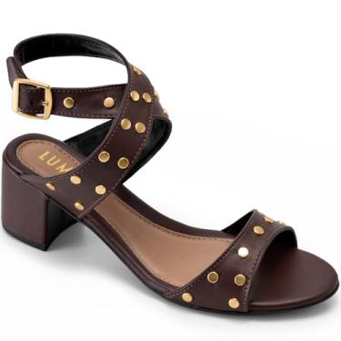 Imagem de Sandália Feminina Lumiss Salto Baixo Bloco Confortável Bico Redondo Tachas Dourada marrom39