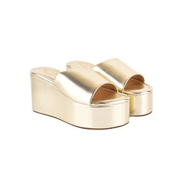 Imagem de Shoetopia Sandália de salto pequeno para meninas, Dourado, 4 UK
