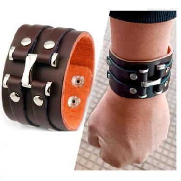 Imagem de Bracelete Masculino Couro Marrom Luxo Ajustável 2 Tamanhos Pulseira Ma