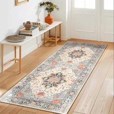 Imagem de RELEANY Tapetes de área 6,5 x 1,8 m lavável, antiderrapante, floral, vintage, estampa de angústia, tapete medalhão para sala de estar, quarto, sala de jantar, bege, azul marinho, laranja, colorido