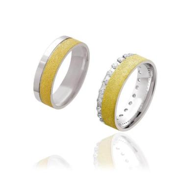 Imagem de Par de Alianças de Casamento Afrodite Ouro 18k Branco com Aplique de O