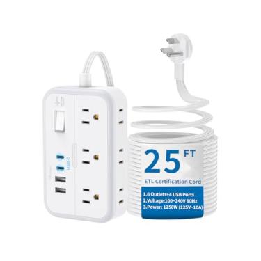 Imagem de Cabo de extensão plano de 7,6 m, extensor de saída de 2 lados NTONPOWER com 6 tomadas, 4 portas USB, montado, proteção contra sobrecarga para ambientes internos, casa, escritório, dormitório