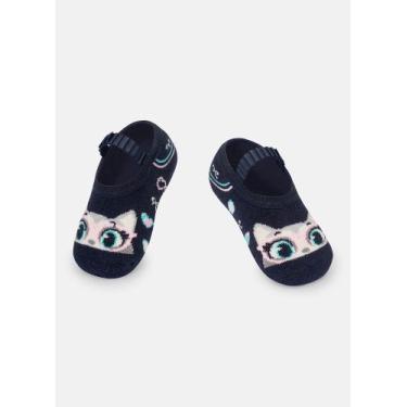 Imagem de Meia Sapatilha Puket com Antiderrapante Bebê Menina Gata Azul Marinho 